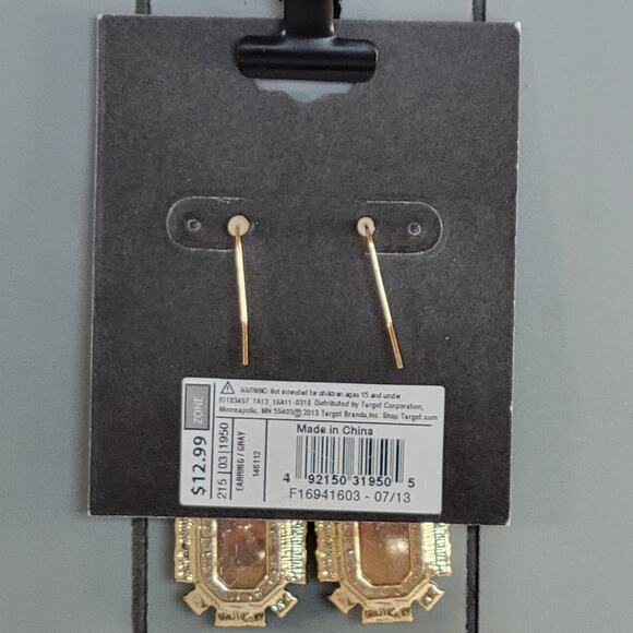 Gold Tone Dangle Earrings Gray Faceted Gem Crystal Border Drop 2.2" Nickel Free - Picture 9 of 11